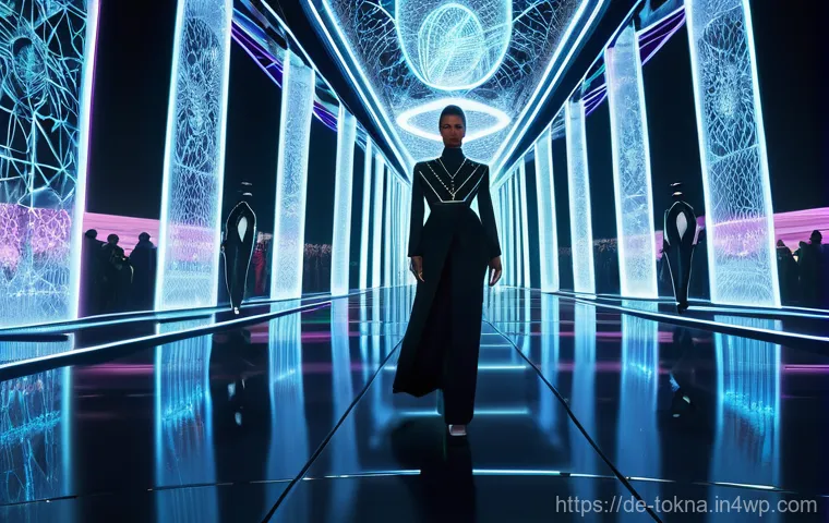 NFT 패션의 글로벌 트렌드 - Image Prompt 1: "Metaverse Haute Couture Runway"** NFT 패션의 글로벌 트렌드 - Image Prompt 1: "Metaverse Haute Couture Runway"**