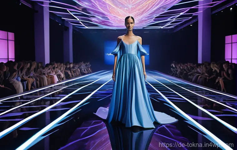 디지털 패션 NFT의 콘텐츠 생성 전략 - **Prompt:** A futuristic digital fashion show taking place on a gravity-defying, illuminated runway ...