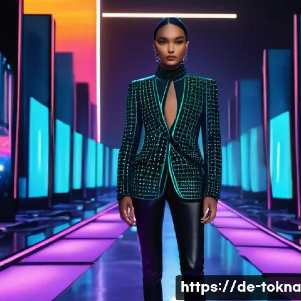 디지털 패션 NFT의 비즈니스 모델 - A futuristic digital fashion runway scene set in a sleek virtual metropolis at dusk, featuring diver...