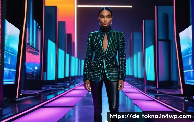 디지털 패션 NFT의 비즈니스 모델 - A futuristic digital fashion runway scene set in a sleek virtual metropolis at dusk, featuring diver...