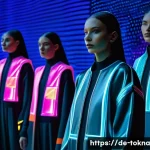 Home 22 디지털 패션 NFT의 생태계 이해하기 - A futuristic virtual fashion runway in Berlin featuring diverse models wearing high-tech digital clo...