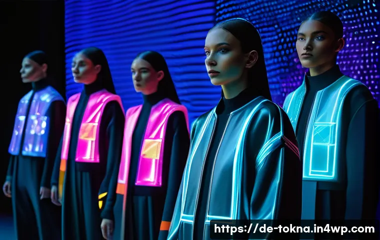 디지털 패션 NFT의 생태계 이해하기 - A futuristic virtual fashion runway in Berlin featuring diverse models wearing high-tech digital clo...