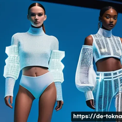 Home 33 NFT 패션 아트워크의 투자 가치 - A futuristic fashion runway set in a sleek, high-tech Berlin studio, featuring diverse models wearin...