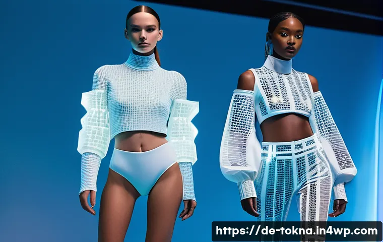 NFT 패션 아트워크의 투자 가치 - A futuristic fashion runway set in a sleek, high-tech Berlin studio, featuring diverse models wearin...
