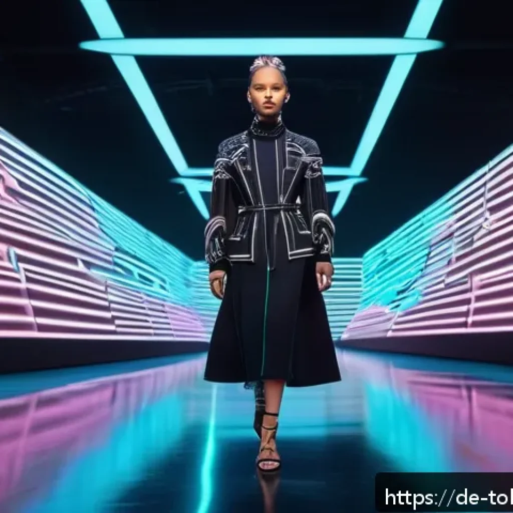 디지털 패션 NFT의 대중문화적 영향 - A futuristic digital fashion runway scene set in a sleek virtual metropolis inspired by Berlin’s tec...