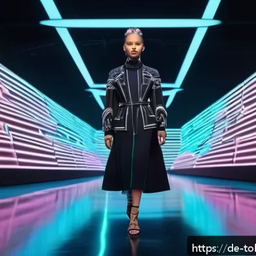 Home 32 디지털 패션 NFT의 대중문화적 영향 - A futuristic digital fashion runway scene set in a sleek virtual metropolis inspired by Berlin’s tec...
