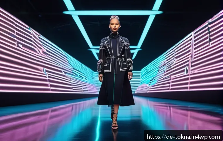 디지털 패션 NFT의 대중문화적 영향 - A futuristic digital fashion runway scene set in a sleek virtual metropolis inspired by Berlin’s tec...