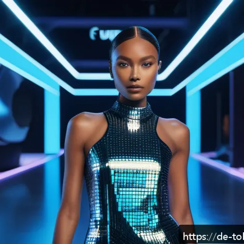 디지털 패션 NFT의 트렌드 분석 - A futuristic fashion runway set inside a vibrant virtual metaverse environment, featuring diverse di...