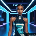 Home 18 디지털 패션 NFT의 트렌드 분석 - A futuristic fashion runway set inside a vibrant virtual metaverse environment, featuring diverse di...