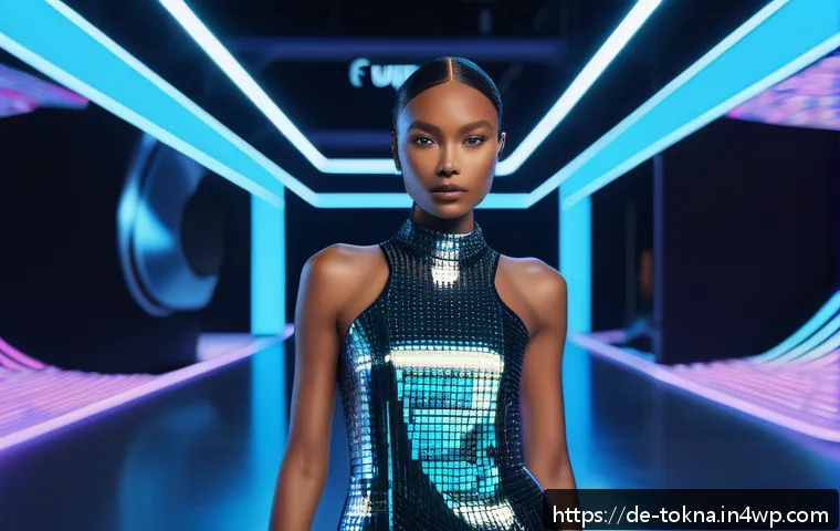 디지털 패션 NFT의 트렌드 분석 - A futuristic fashion runway set inside a vibrant virtual metaverse environment, featuring diverse di...