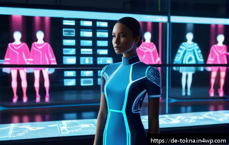 디지털 패션 NFT의 새로운 직업군 - A futuristic virtual fashion designer workspace set in a sleek, high-tech studio in Berlin, showing ...